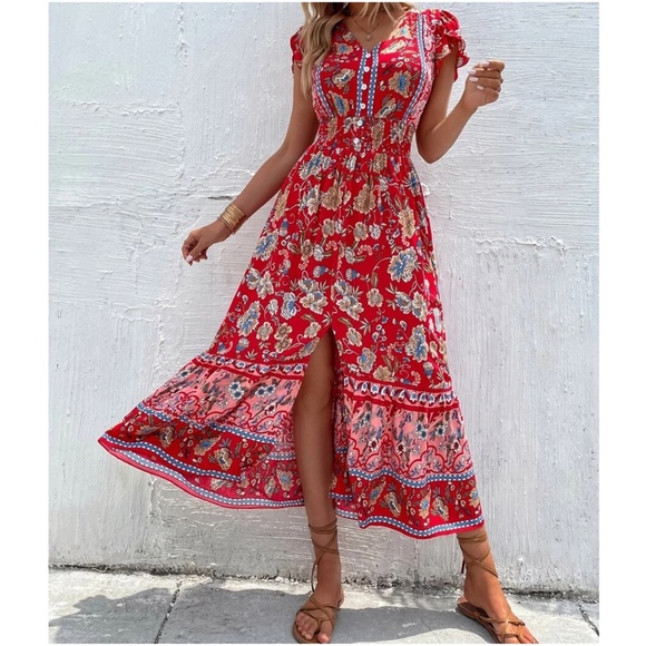 Dresses & Skirts - Boho Red Floral Print Butterfly Sleeve Button Detail Dress